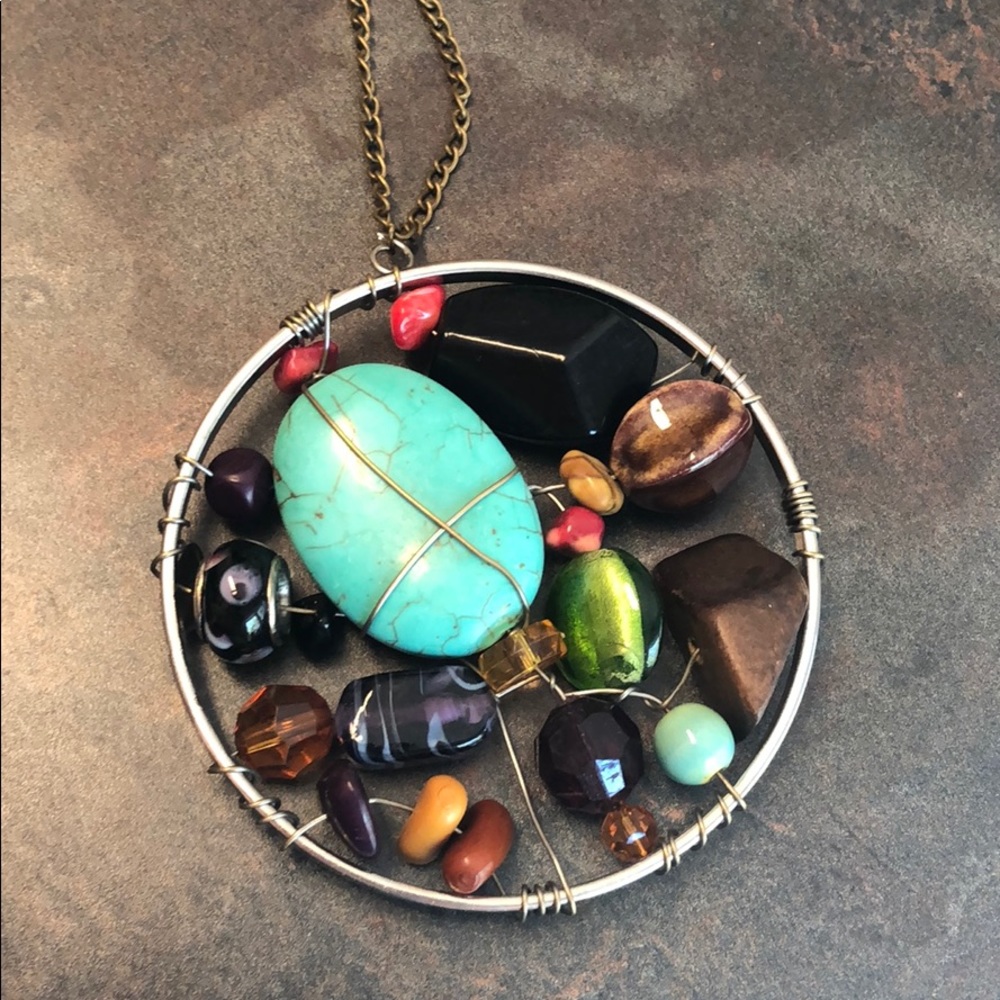 Unique long large pendant with stones multi colors